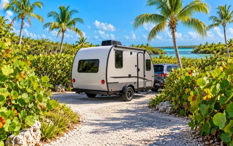 Illustration of a campground like Bahia Honda: a short trailer on a tight loop turn between sea grape hedges