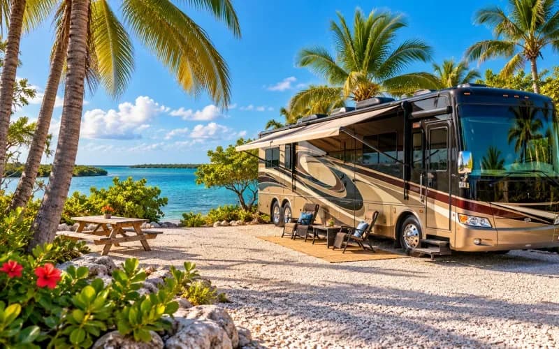 Illustration of a campground like Curry Hammock: a long motorhome on a wide pad beside palms and open water