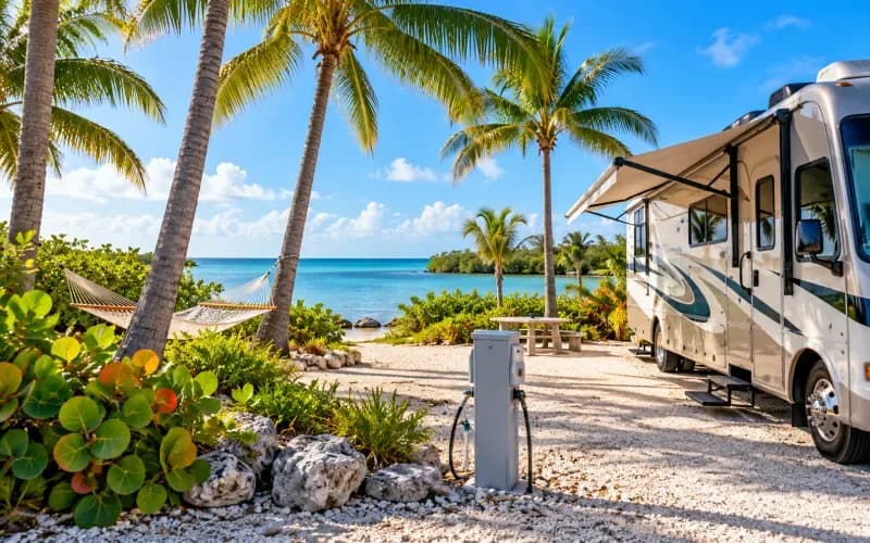 Illustration of a campground like John Pennekamp: an RV site with a hookup pedestal and hammock trees