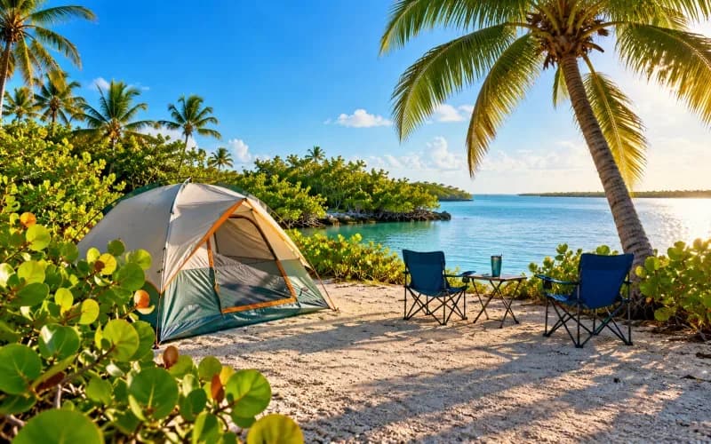 Illustration of a campground like Long Key: a small tent on a pale site with mangroves