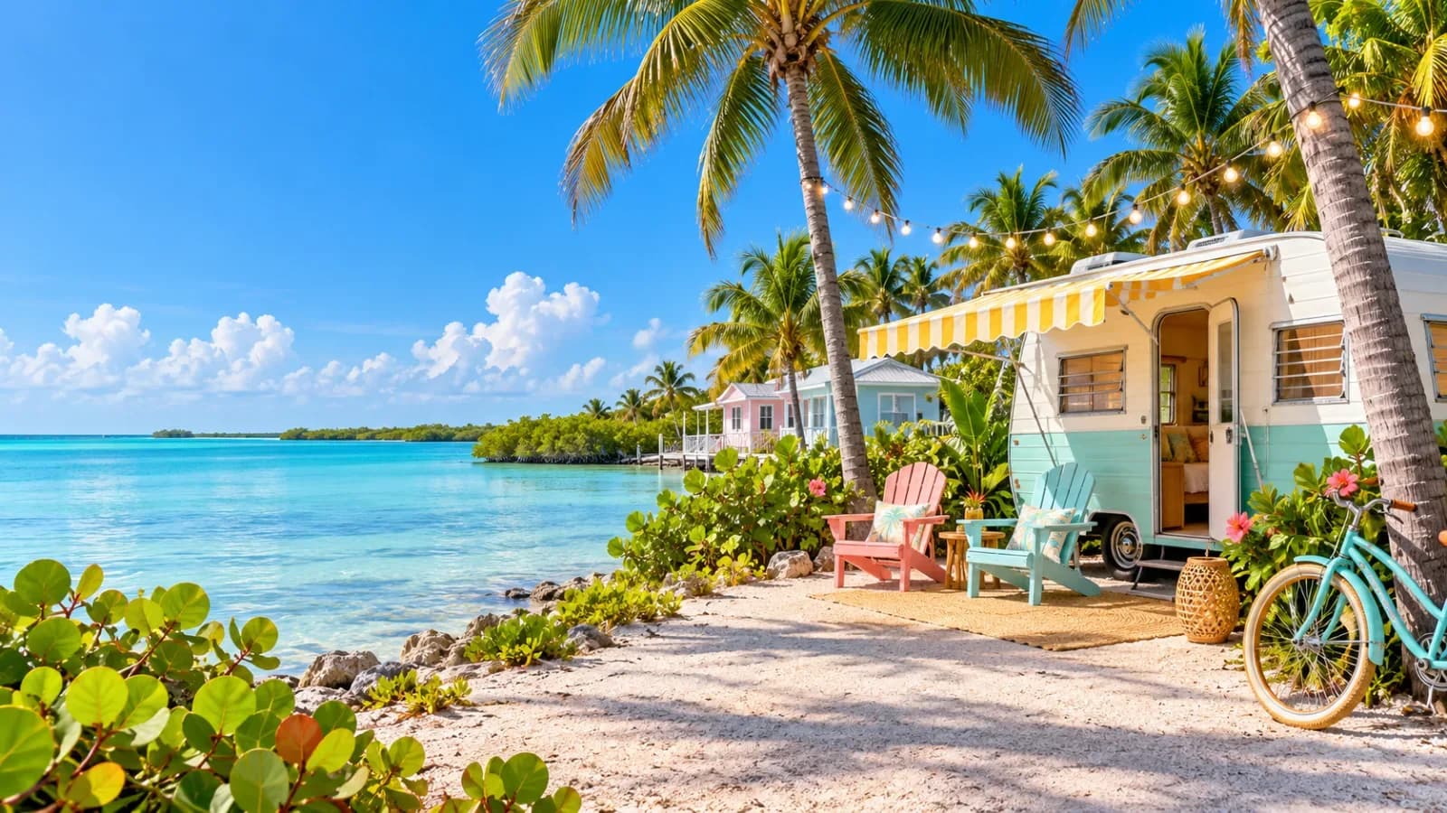 A pastel seafoam trailer with a striped awning, string lights, colorful chairs, and a bicycle beside flat water at dusk